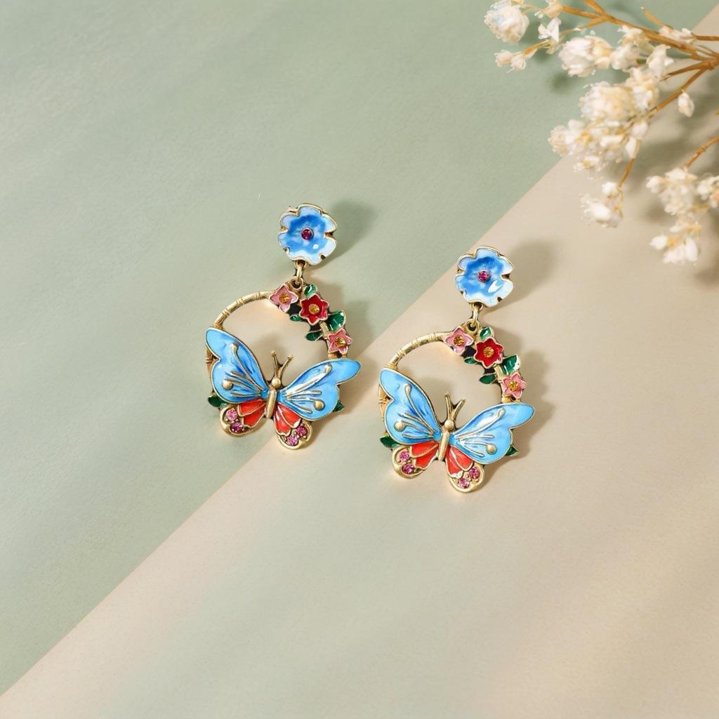 Medieval Palace Butterfly Wreath Earrings French Elegant Temperament Light Luxury High-end Feeling Enamel Oil Painting