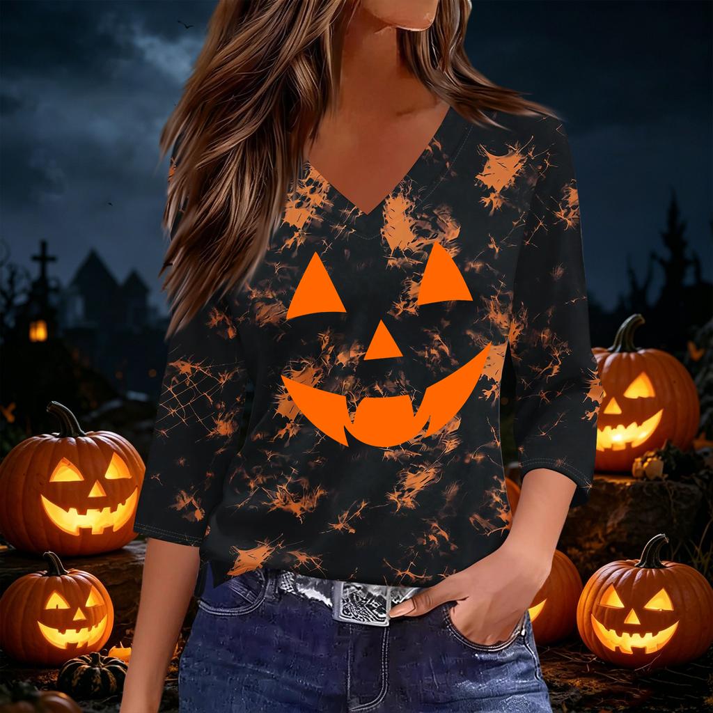 Women's Casual V-Neck Three-Quarter Sleeve Top with Halloween Print for Fall Party Wear