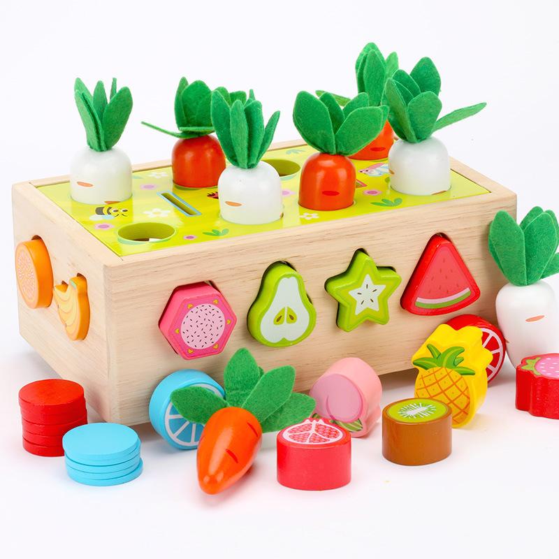 Wood Multi-Functional Children'S Educational Fruit Animal Shape Building Block Pulling Radish Pairing Farm Intelligence Car Toy