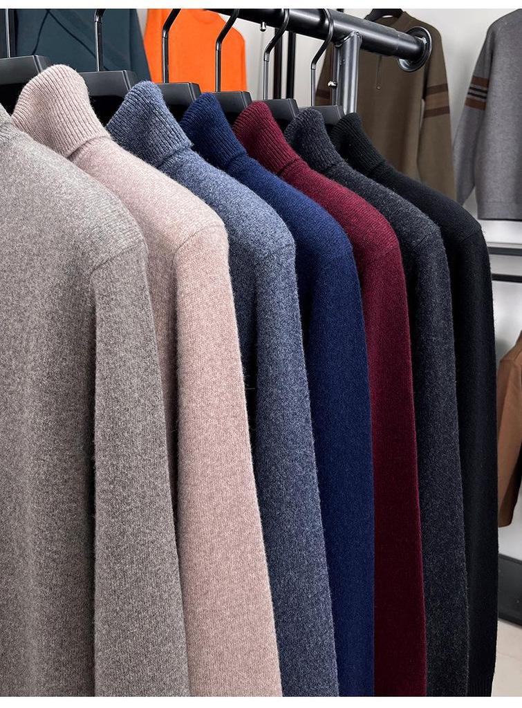 2025 Autumn/Winter Men's High Neck Lambswool Sweater, 100% Wool, Versatile Loose Pullover Base Layer