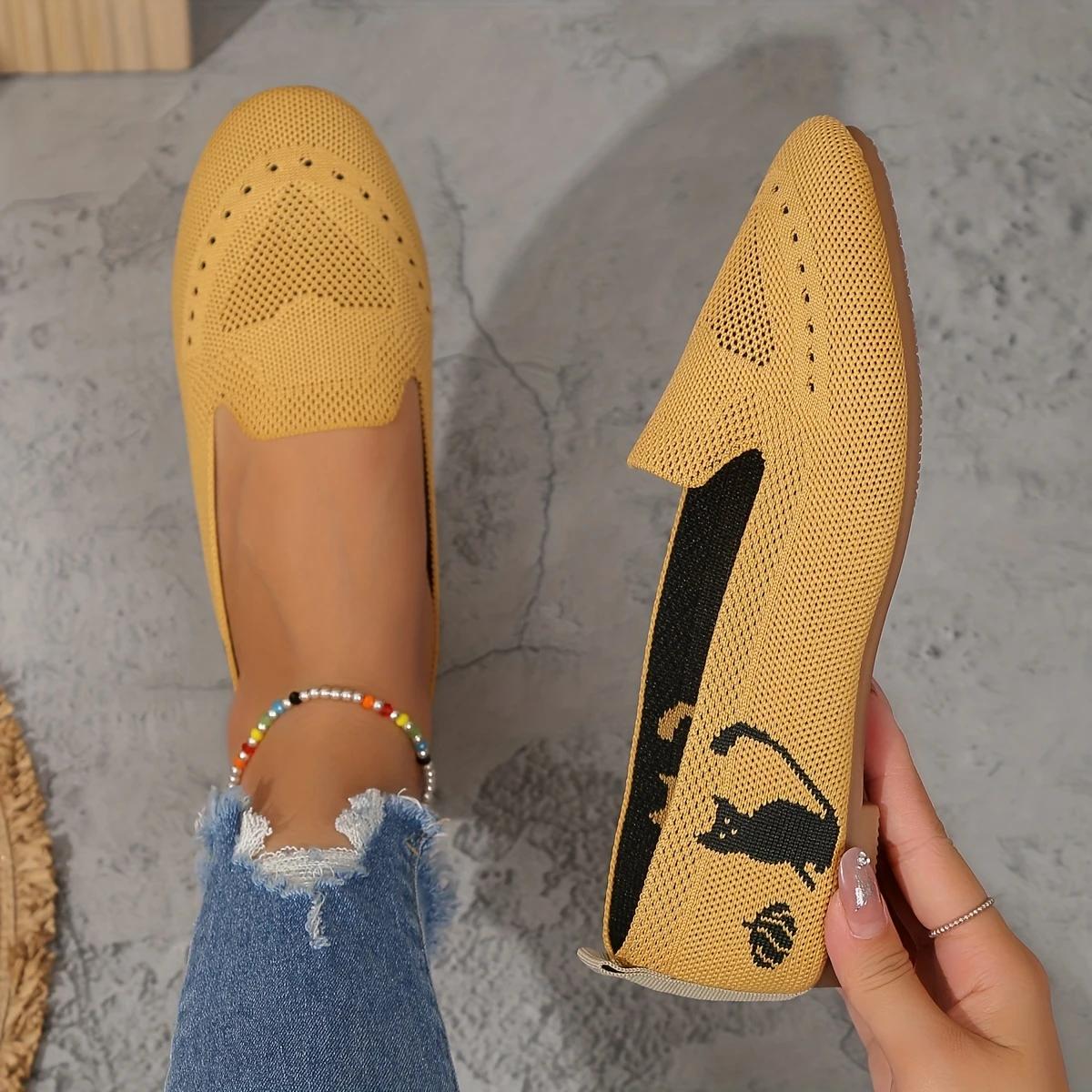 

Большие плетеные туфли с круглым носком и плоской подошвой для женщин, повседневная спортивная обувь с рисунком кошек 41 жёлтый