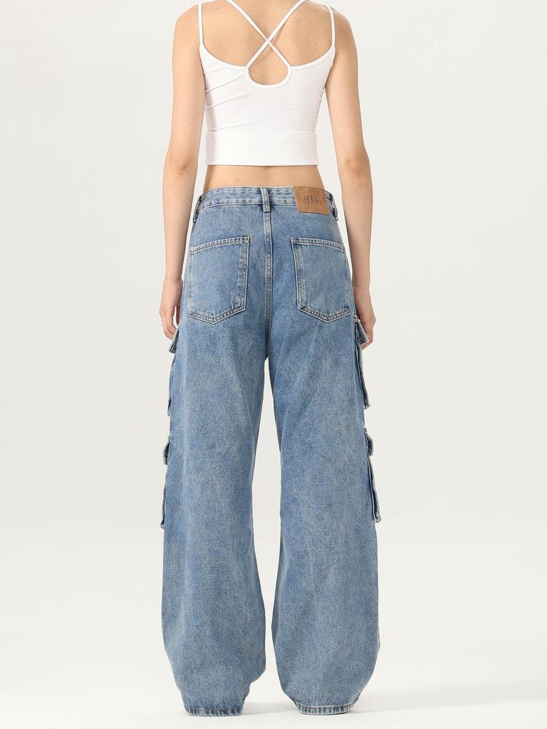 Menswear Unisex Retro Wide-Leg Multi-Pocket Denim Jeans