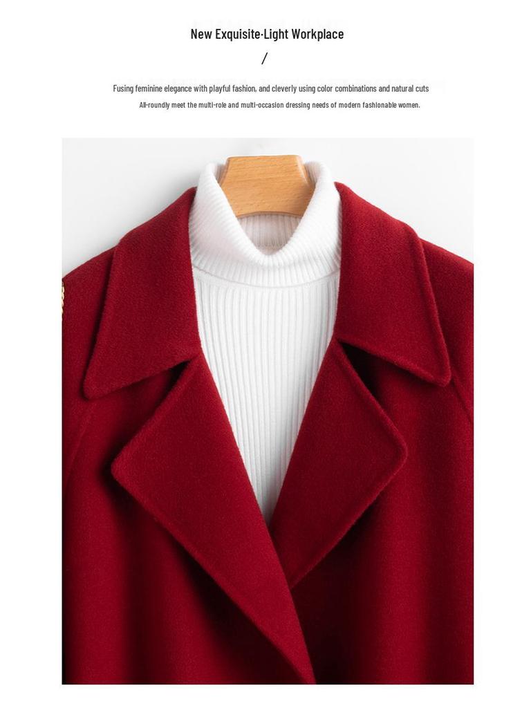 Palton Roșu din Lână Ankola Extra Lung Slim Fit - Stil Hepburn pentru Femei