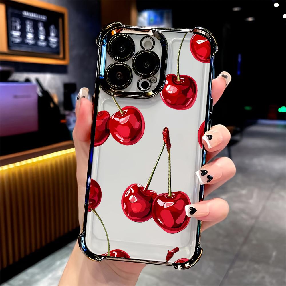 Fashion Cherry Pattern Electroplated AntiDrop Clear Phone Case For Samsung Galaxy S25 Ultra S24 S23 S22 S21 Plus FE Clear Cover