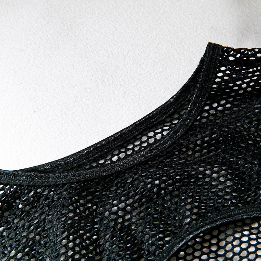 Ästhetisches Y2k Mesh Hollow Out BH-Sets Solider Tanga Lange Ärmel Ultrakurze Bluse Sexy Fun Dreiteiliges Uniform-Set