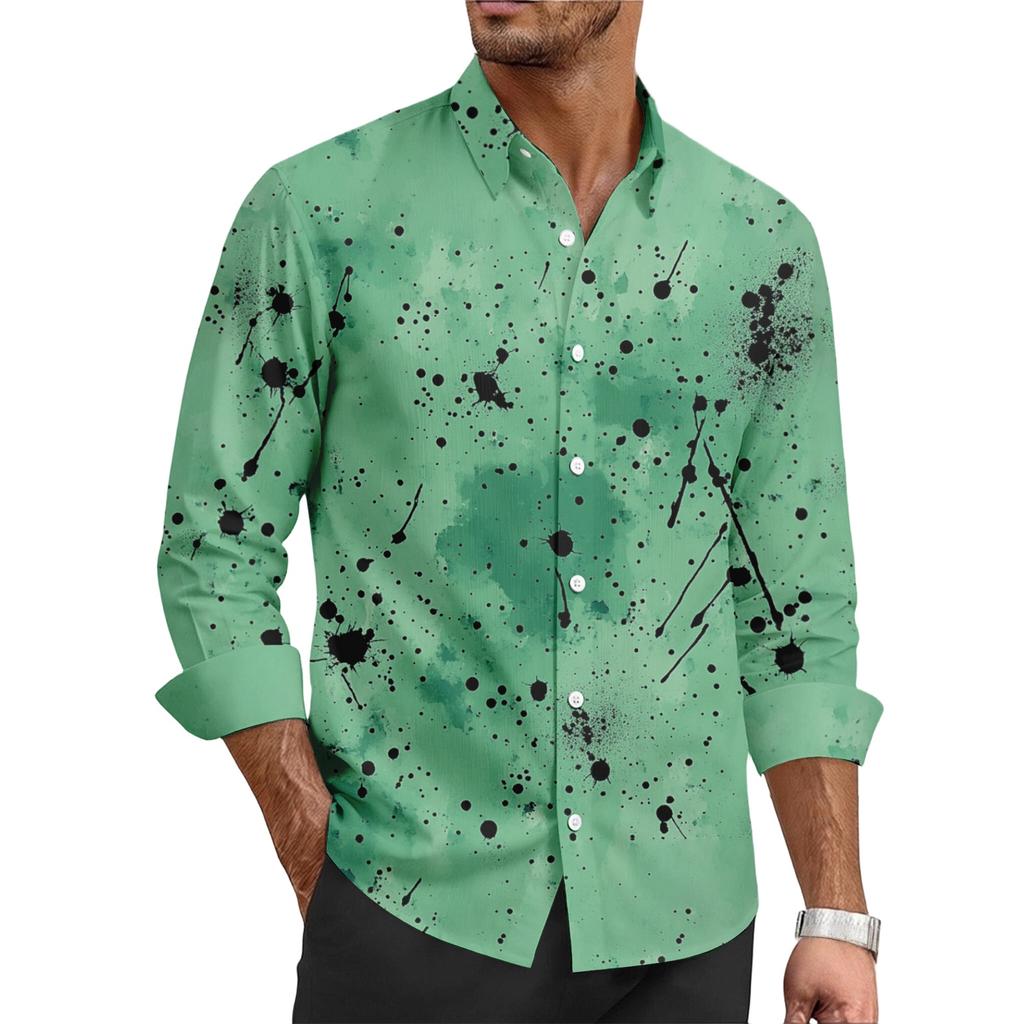 Men's casual stylish ink-blurry texture printed shirt - Men's lapel buttoned long-sleeved top