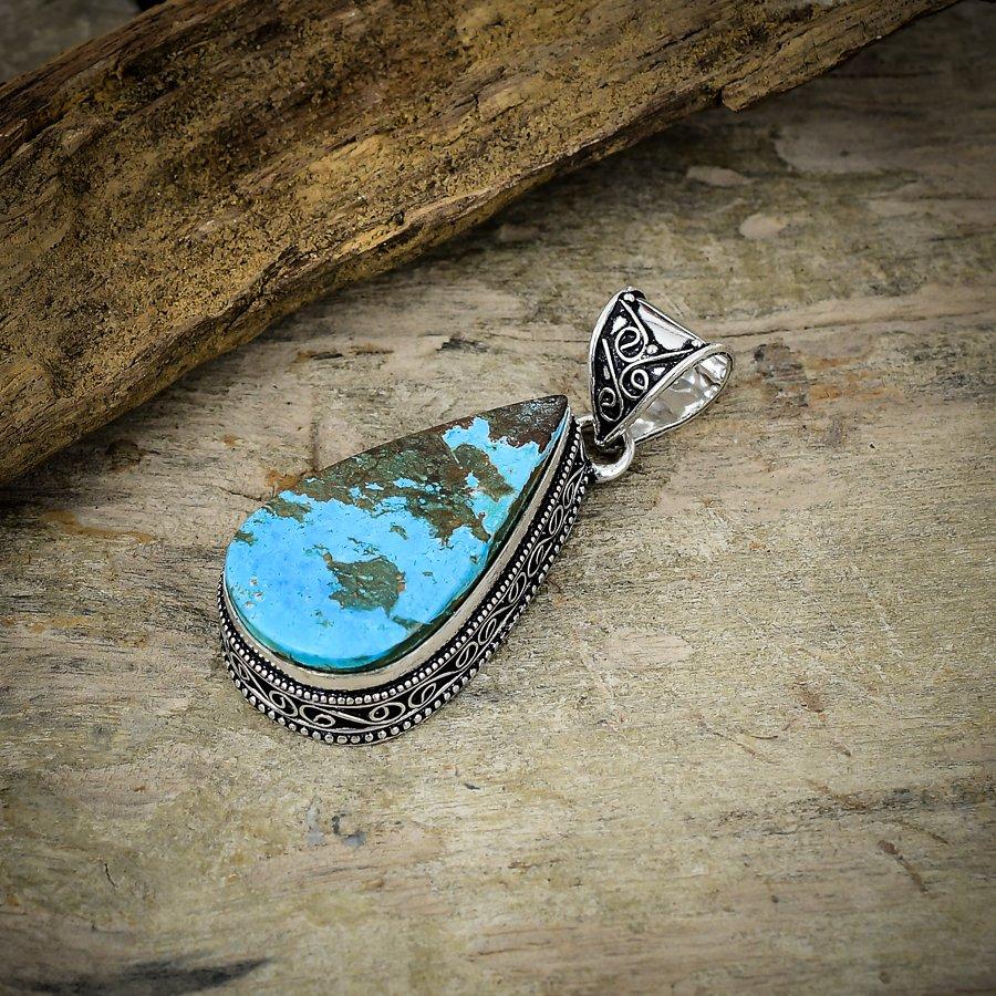 Tibetan Turquoise Gemstone 925 Sterling Silver Jewelry Pendant 2.09" M-36