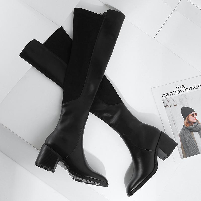 Fashion Genuine Leather Women's High Boots Fashion Slip-On Over-the-Knee Women Boots 2025 Autumn Winter Flock Round Toe Stretch Boots