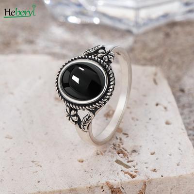 Vintage Sterling Zilver Natuurlijke Zwarte Onyx 8*10mm Ring Bloemvormige Ring Fijne Sieraden Vingerring Voor Vrouwen