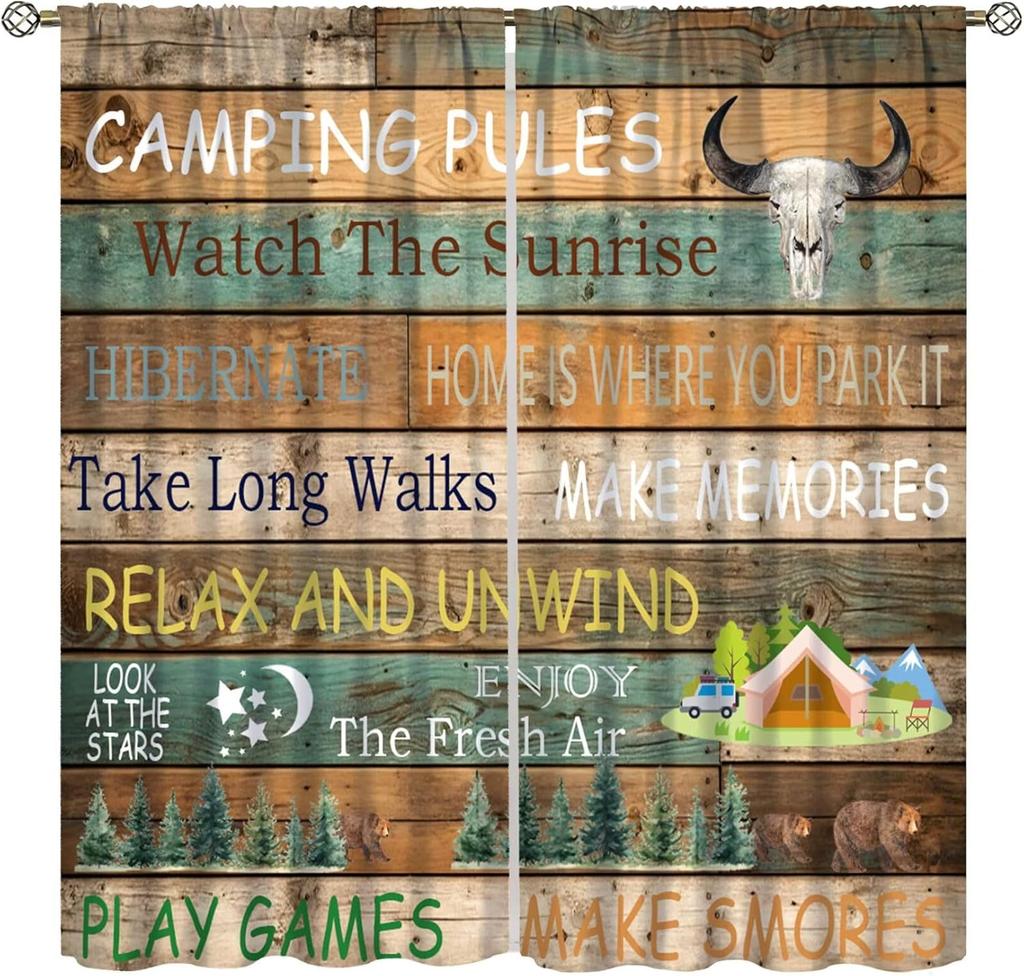 Retro Happy Camper Curta,Rustic Wood Plank Camping Travel Trailer Blackout Rod Pocket Window Curtain,For Boys Girls Living