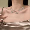 Super flash silver square diamond double-layer necklace earrings women's retro court style light luxury temperament fashion advanced sense
