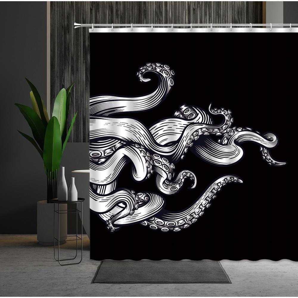Funny Sea Monster Octopus Shower Curtain Marine Organism Tentacle Black And White Style Bath Curtains Bathroom Decor Fabric Hook