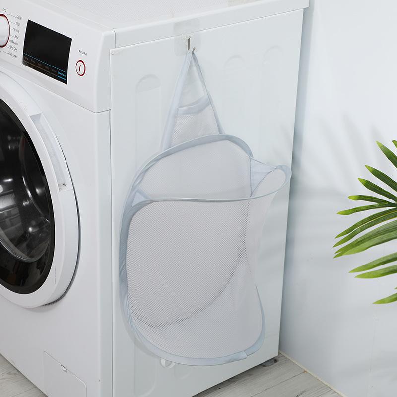 Wall Hanging Folding Laundry Basket Organizer Bathroom Dirty Clothes Mesh Storage Bag Household Basket Frame Bucket