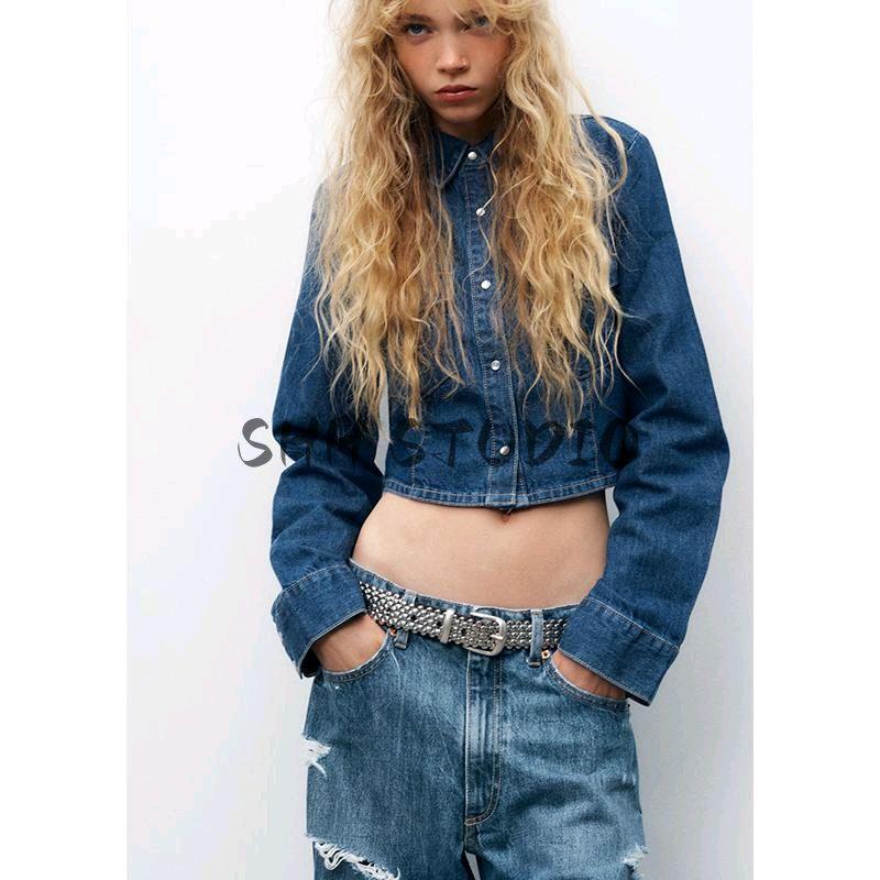 With Belt Paper Bag High Waist Jeans 0250010 Lapel Long Sleeve Short Demin Shirt 4365062