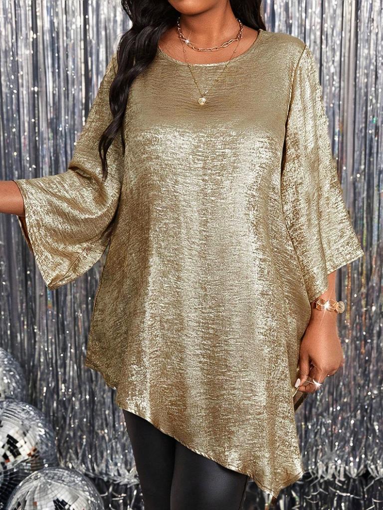 Plus Size Loose Round Neck Three Quarter Sleeve Irregular Hem Top For Women