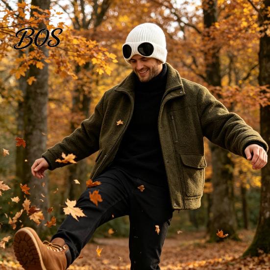 Snow Proof Outdoor Cycling Hat 2Pcs Fleece Lined Hats with Goggles, Warm Winter Knit Stretchy Brimless Eye Protection Hats, Windproof Skiing Caps for