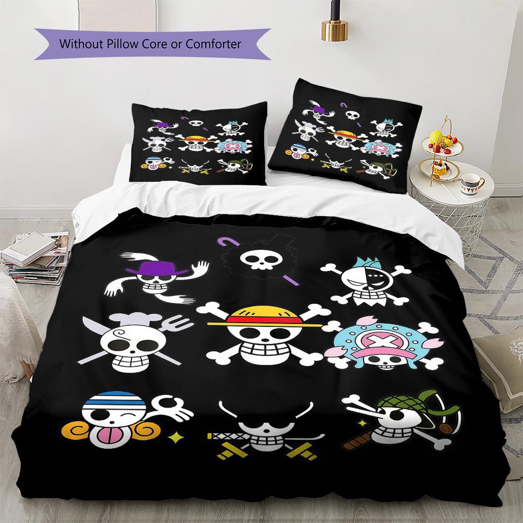 One Piece Straw Hat Pirates Pattern Bedding Quilt Set Quilt Cover Pillowcase Home Birthday Gift(1 * Duvet Cover + 2 * Pillowcase, Without Core)