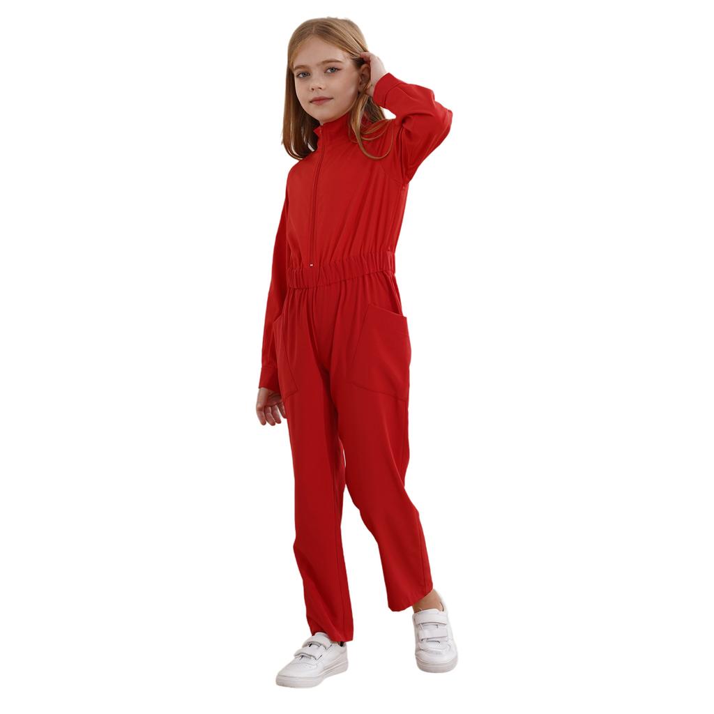 Mädchen Lässiger Einfarbiger Jumpsuit Langarm Stehkragen Reißverschluss Vorne Overall Elastische Taille Strampler