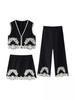 2024 Summer Fashion Set: Elegant Sleeveless Embroidered Top with High-Waisted Skirt and Long Pants.