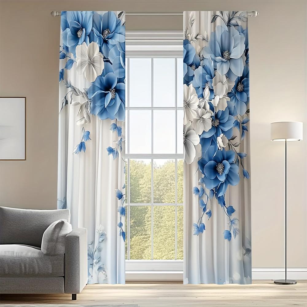 2 Pieces Blue And White Floral Print Door Curta - Machine Washable Polyester For Bedroom, Living Room, Kitchen, Office