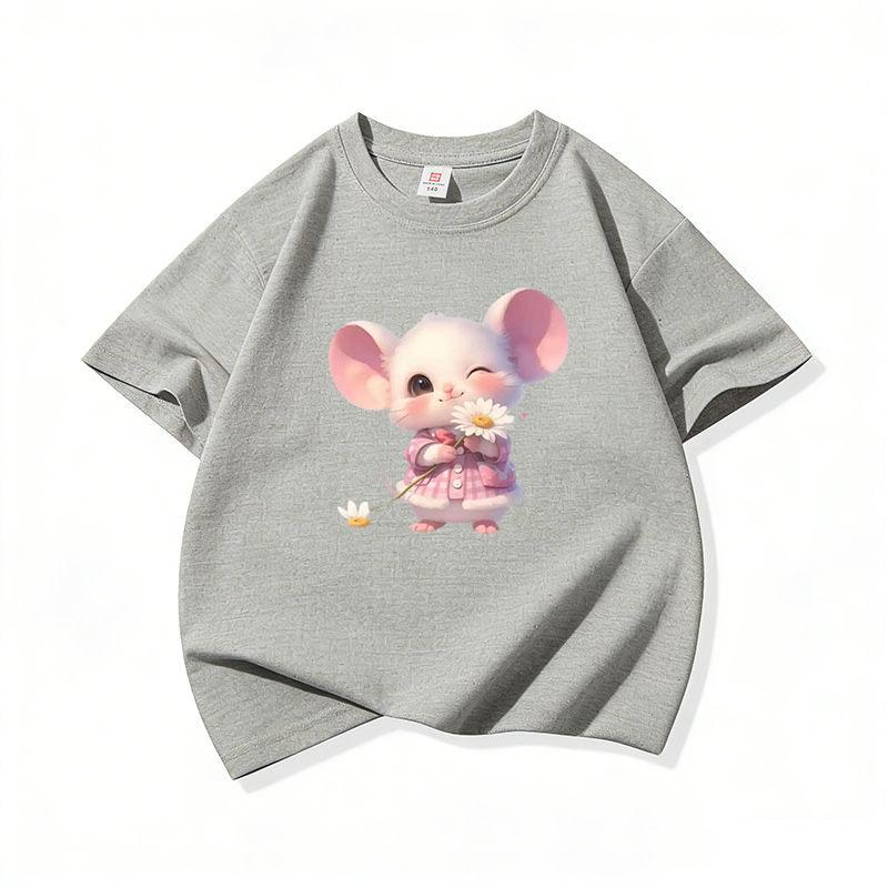 Kids Cotton T Shirt Little Mouse With Daisy Flower Print Crew Neck Short Sleeve Tee Casual Boys Girls Summer Tops
