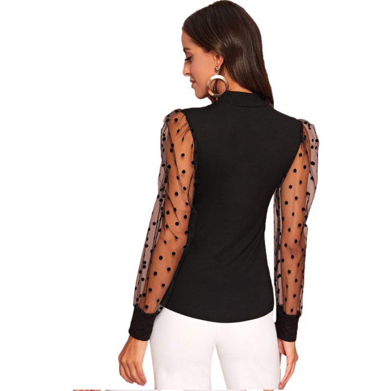 Top da donna in pizzo elasticizzato ampio trasparente a pois a maniche lunghe