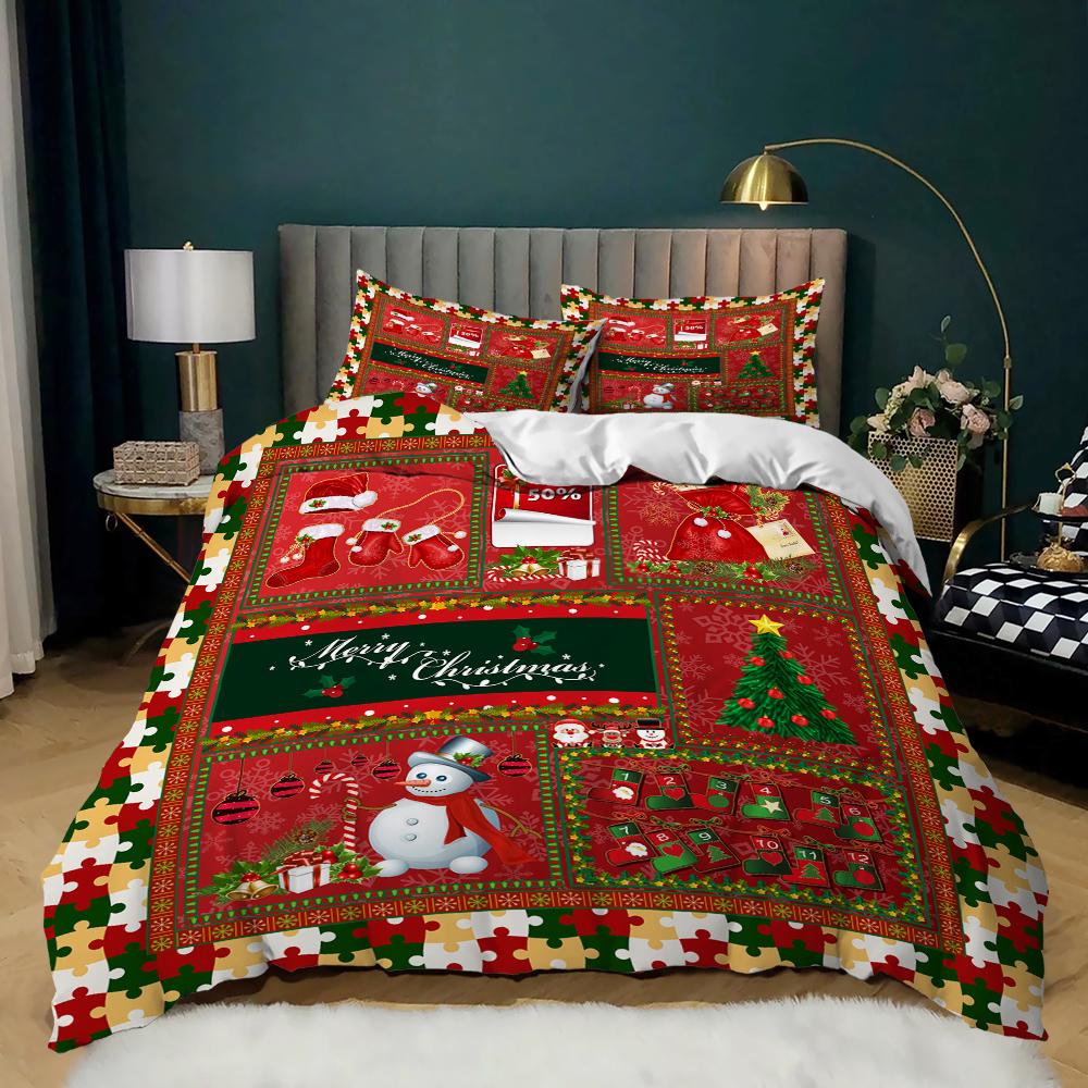 Pink Christmas Duvet Cover Snowman Pine Printed Cartoon Santa Claus Bedclothes for Girls Kids Women Teens Happy New Year Queen