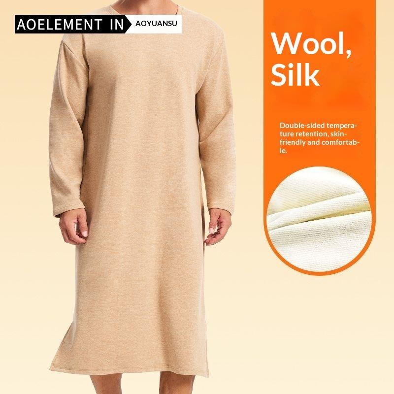 Vestaglia Lunga da Notte da Uomo a Maniche Lunghe al Ginocchio - Robe Lunga in Pile Spazzolato Double-Face, Homewear All-in-One con Miscela di Lana e Seta
