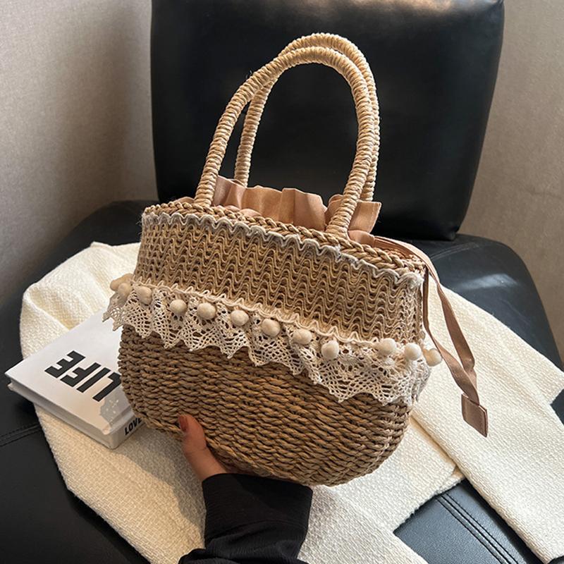 

Yogodlns Women Straw Woven Bag Straw Tote Bag Large Capacity Weaving Shoulder Purse with Lace Woven Shopping HandBag Summer Beach Clutch 22x10x20cm хакі