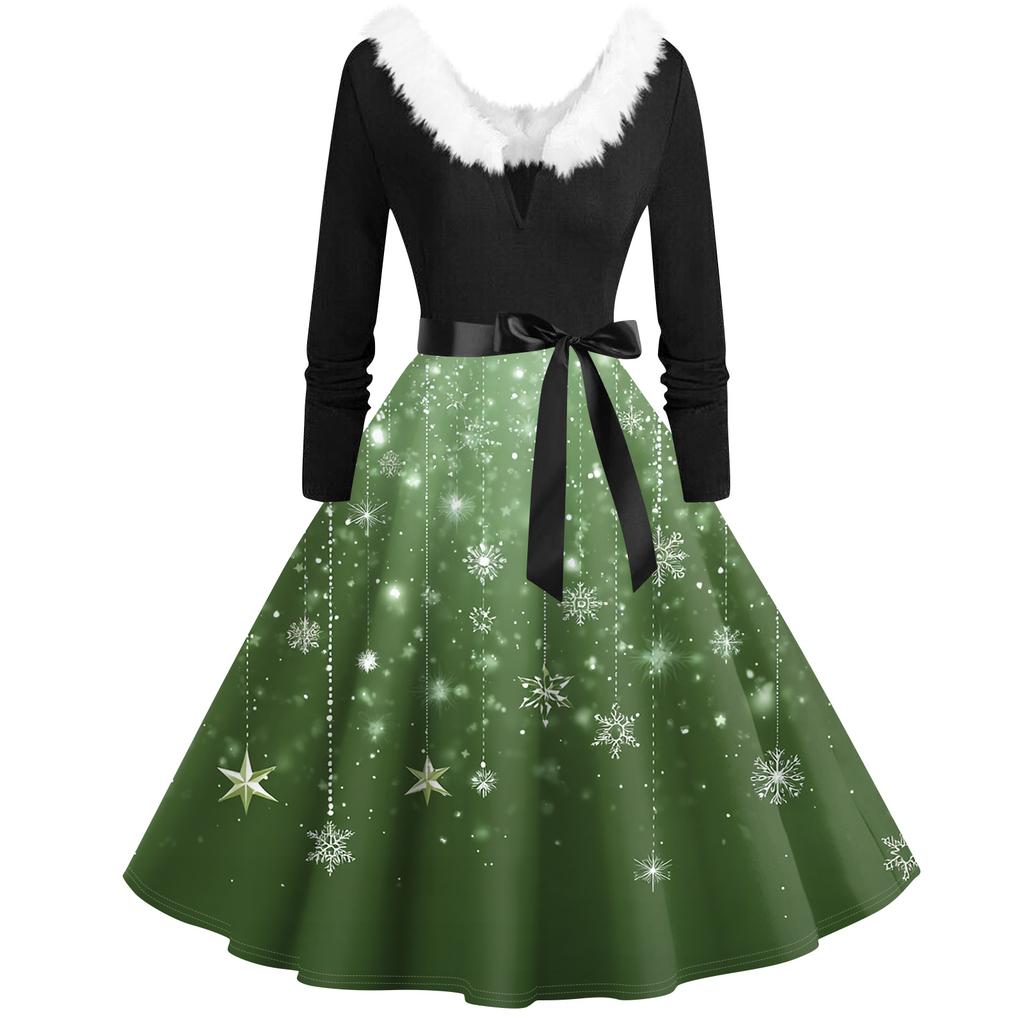 Women's Fashion V-Neck Casual Slim Christmas Printed Long Sleeve Hair Collar Dresses