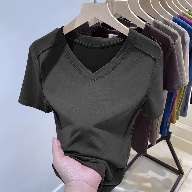 Summer Women's V-neck Short-sleeved Ribbed T-shirt