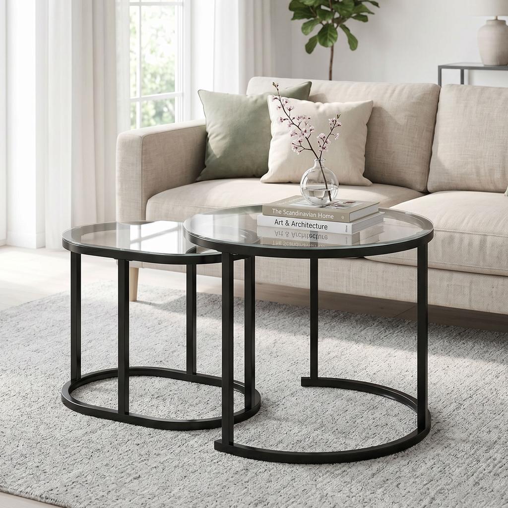 Nest Of Tables With Steel Frame And Tempered Glass Tabletop Modern Coffee Table Set Of 2 Black