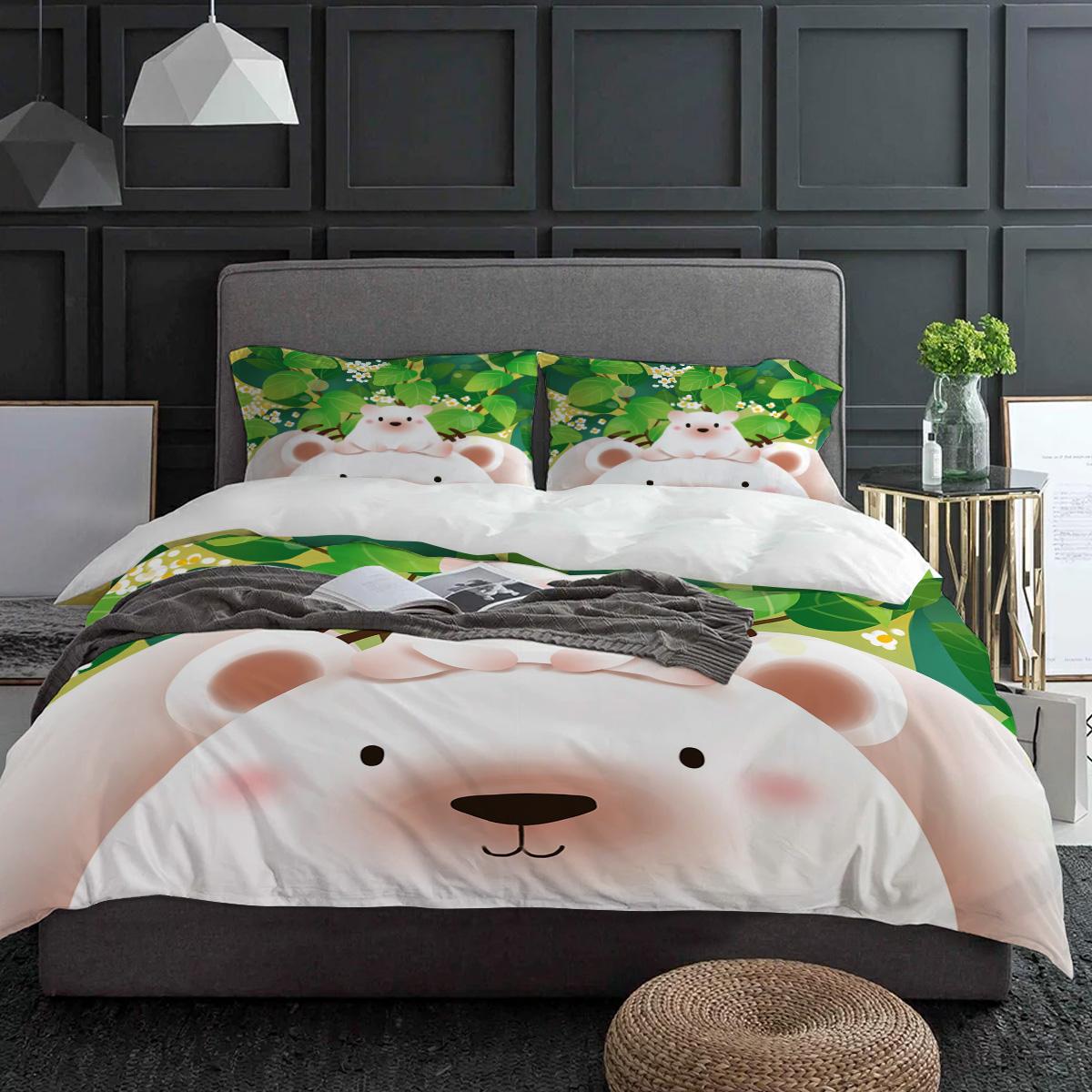 

White Bear Leaves Cartoon Duvet Cover With Pillow Case Custom Comforter 3pcs Bedding Set Quilt Cover Double Bed Home Textile EU single(135x200cm)