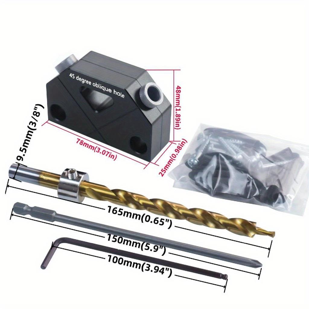45° Angled Dowel Joints Pocket Hole Jig Kit Dowel Drill Guide, Handheld Dowel Drill Guide Drilling Assistant Tool with Drill Bit