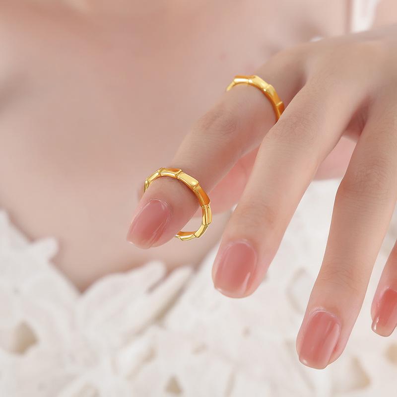 Hong Kong Retro Bamboo Titanium Steel 18K Gold Non-Fading Ring – Versatile Women's Summer Jewelry.