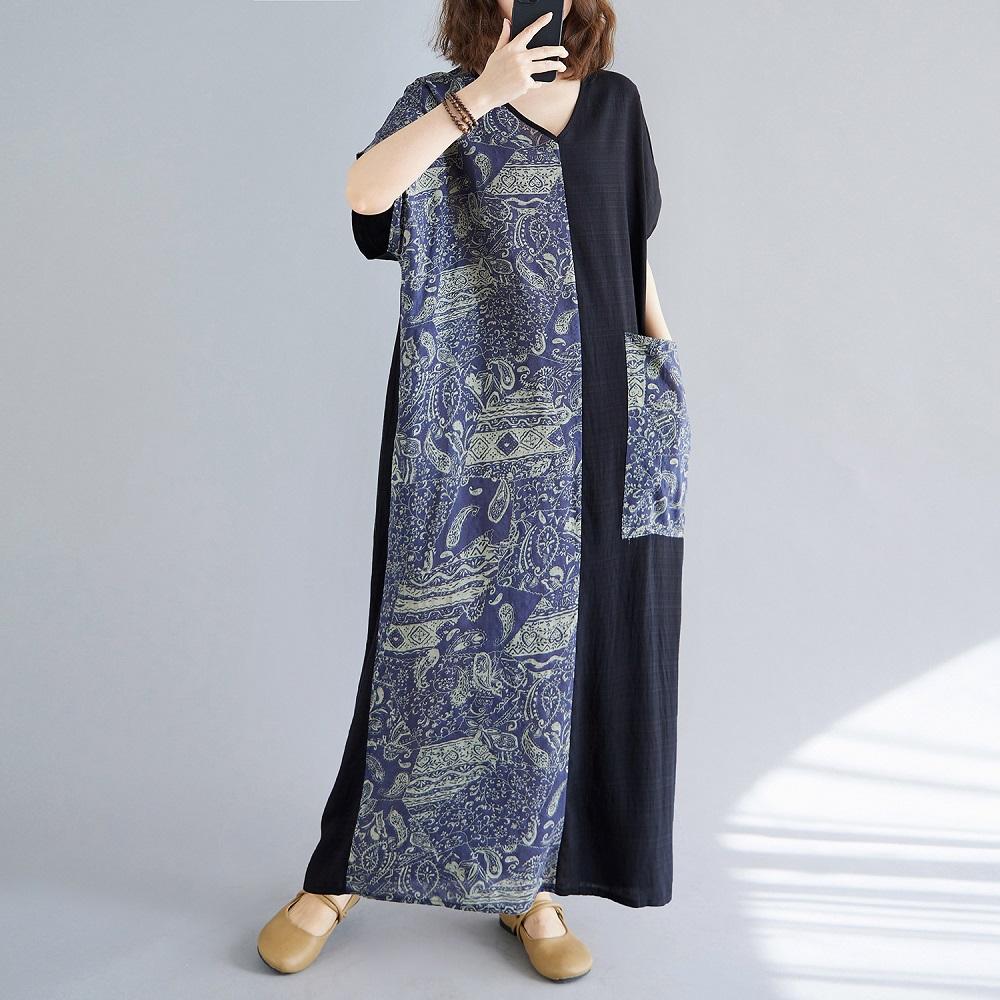 Short sleeve Plus size vintage Patchwork new in dresses for women casual loose long summer dress