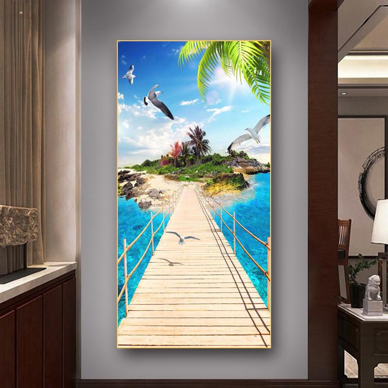 Seaside Scenery HD Pictures Canvas Painting Beach Seascape Palm Tree Posters Prints Seagull Wall Art for Porch Living Room Decor