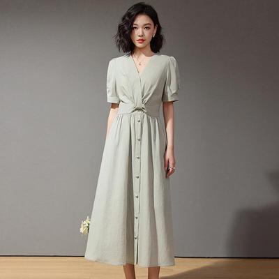 Elegant French V-Neck Puff Sleeve A-Line Midi Dress