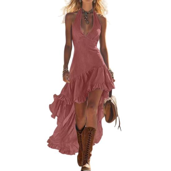 Women's Halter V Ruffle High Flowy Long Neck Sleeveless Dress Low Hem Dress