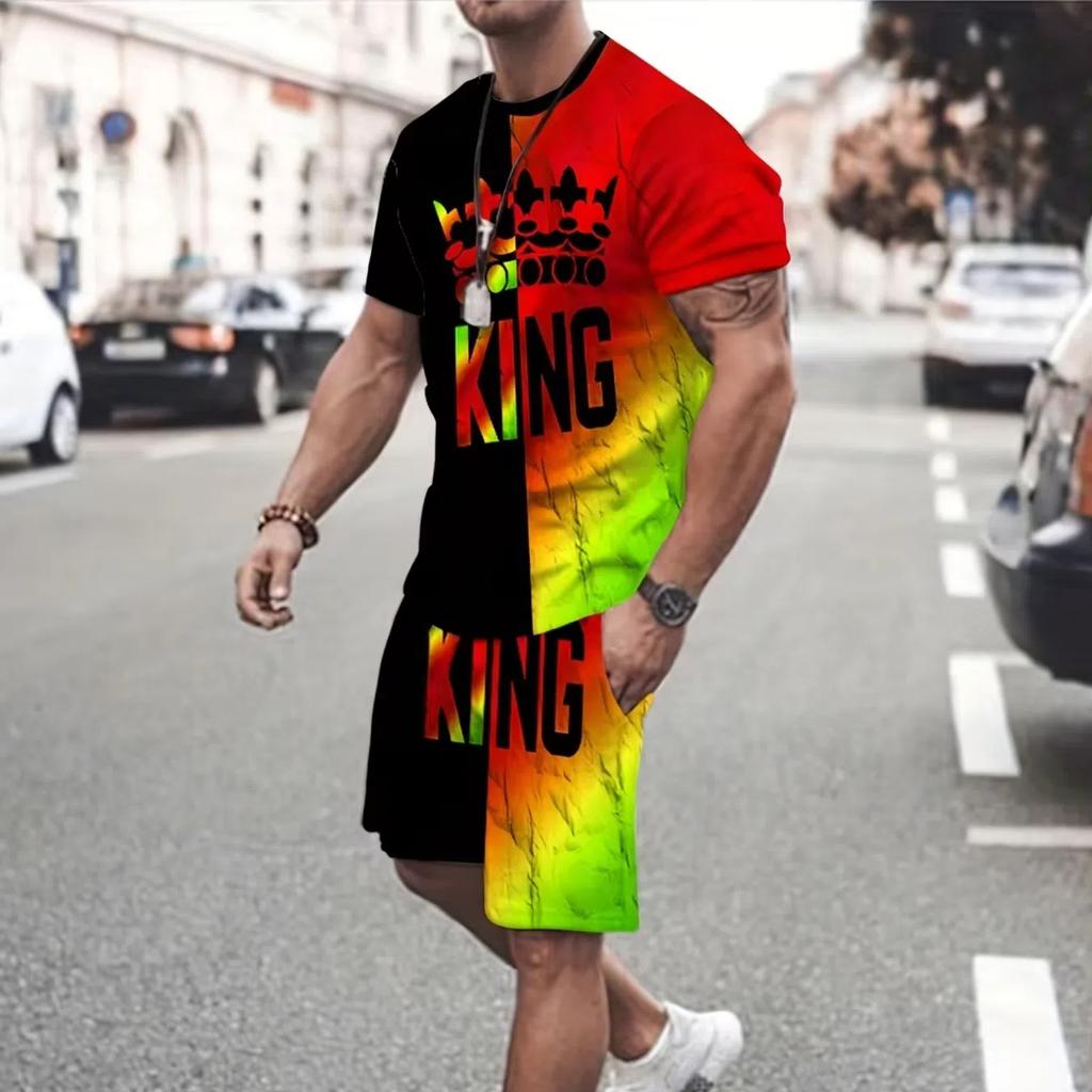 Męski dwuczęściowy zestaw sportowy składający się z krótkich spodenek z okrągłym dekoltem i krótkim rękawem, 3D-kartowy łącznik, męski zestaw do biegania i wypoczynku