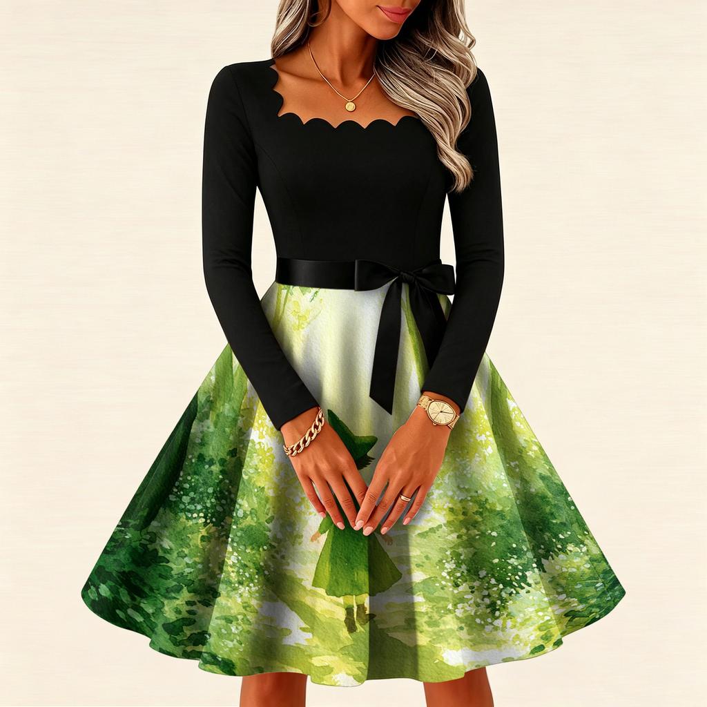 Women's Vintage Long Sleeve Square Neck Halloween Printed Party Dress for Evening Wear