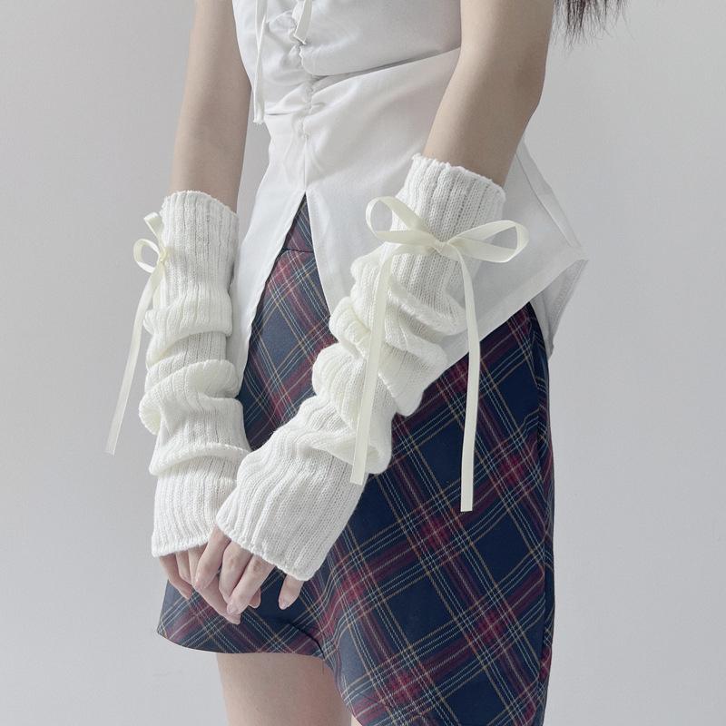 Sweet Girl Lolita Soft Arm Sleeves Bow Tie Long Hand Sleeves Lovely Knitted Fingerless Decorative Gloves Streetwear