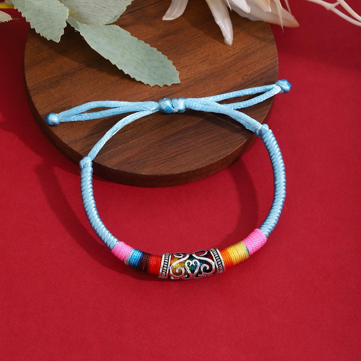 Ethnic Tibetan-Style Colorful Woven Stretchable Miao Silver Fashion Bracelet