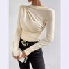 2024 High Neck Solid Color Slim-Fit Women's Long Sleeve Ruched T-Shirt