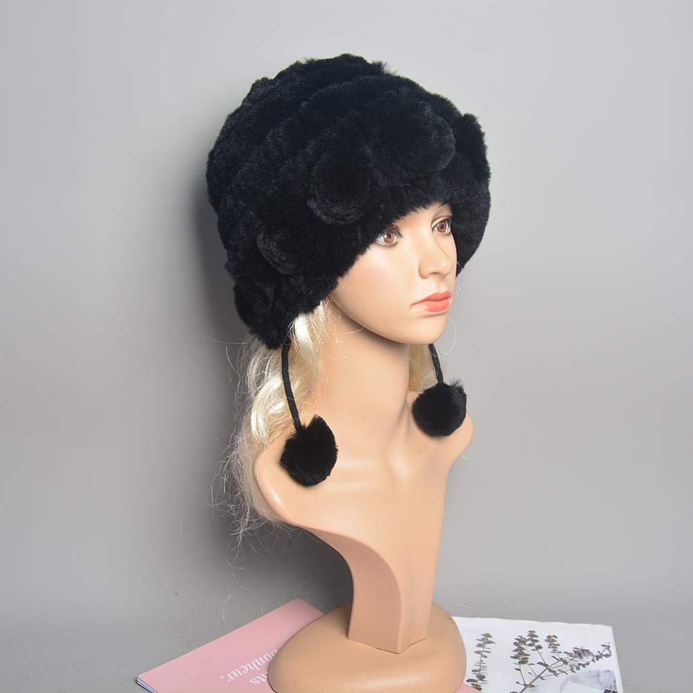 Winter Hats for Girls Women's Fur Hat Real Rex Rabbit Cap Floral Knitted Hat with Balls Skulls Beanies 55-59cm