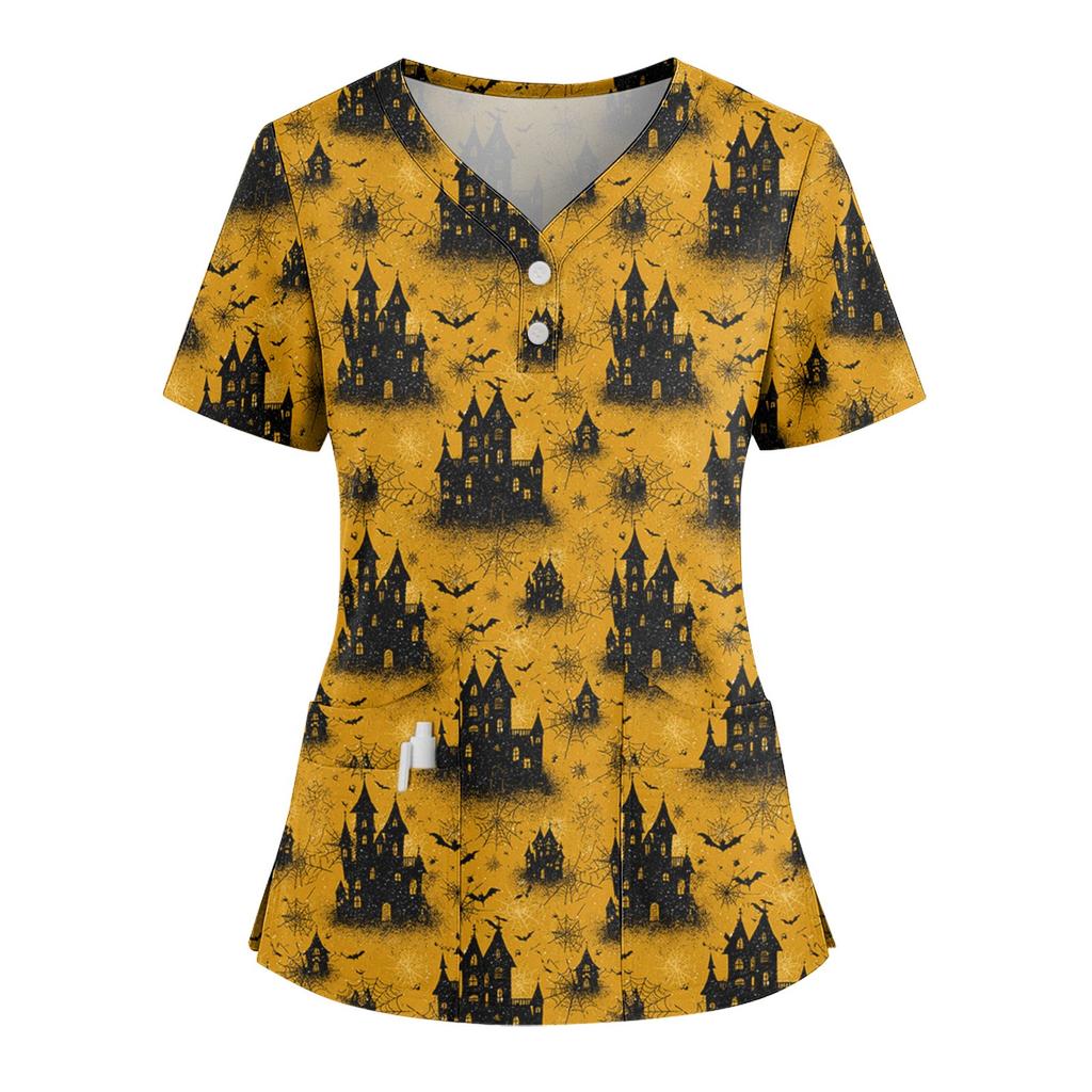 Women's Loose Short Sleeved Fashionable Halloween Print V-neck Buttonable Side Slit Top T-shirt