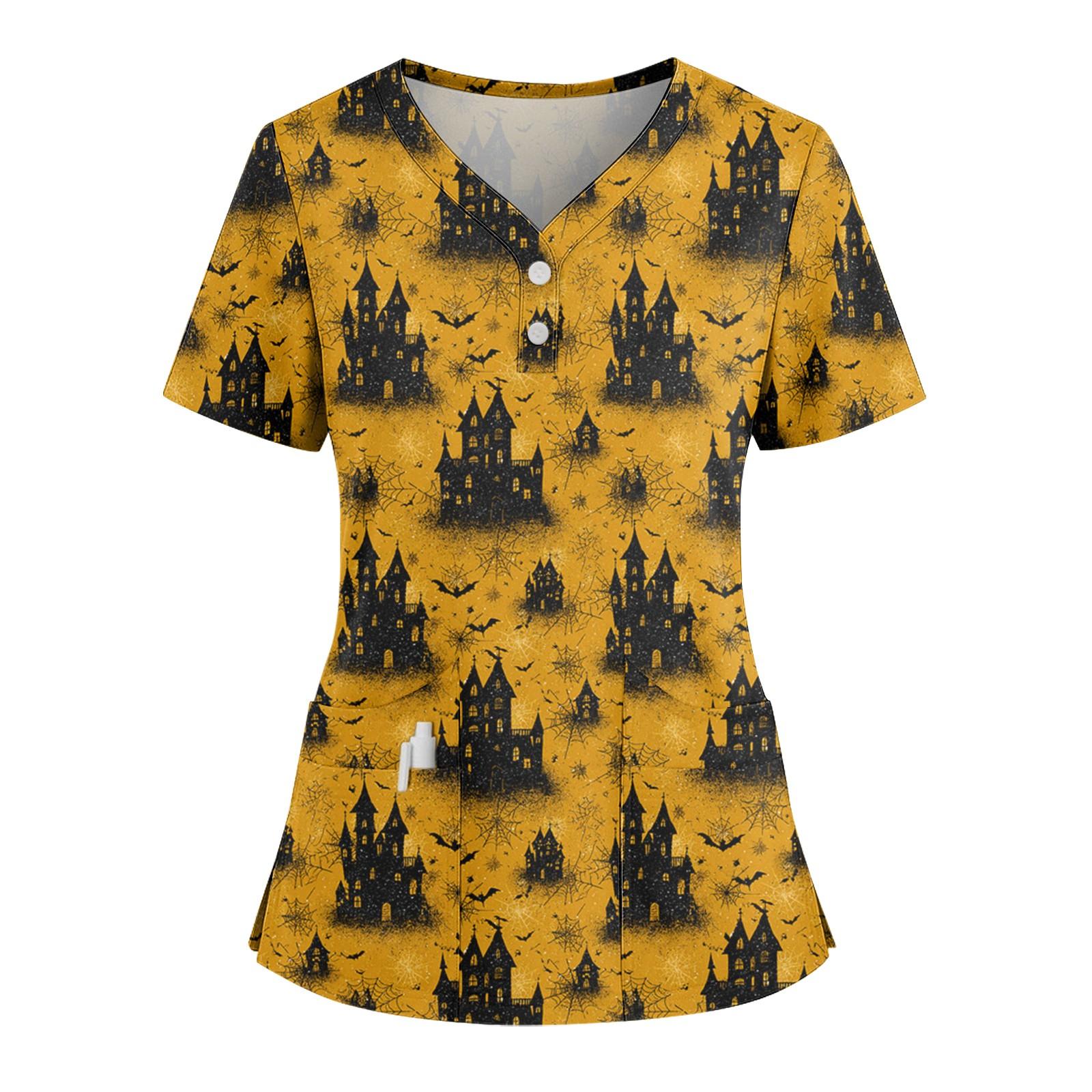 

Women s Loose Short Sleeved Fashionable Halloween Print V-neck Buttonable Side Slit Top T-shirt XL жовтий