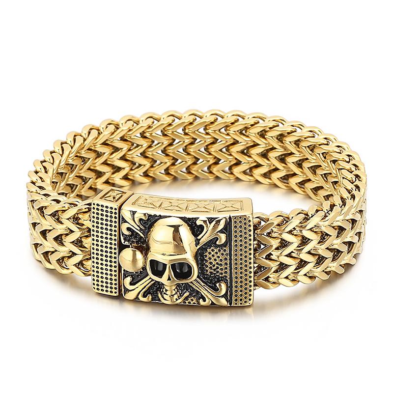 Kalen Vintage Braided Stainless Steel Bracelet Men's Chunky Skull Wristband Bracelets Punk Gold Color Mesh Male Trend Jewelry