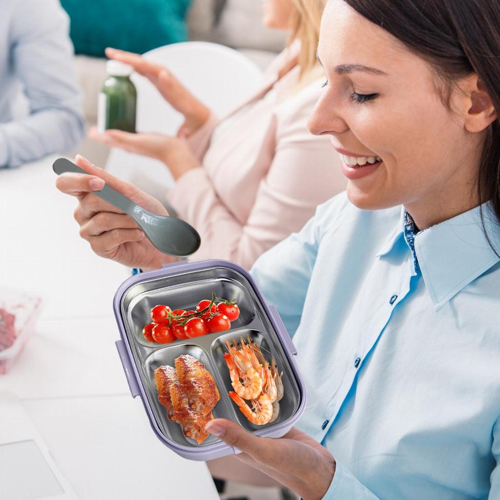 Stainless Steel Bento Box 3 Compartment Lunch Box Leakproof Insulated Food Container With Utensils For School Office Travel