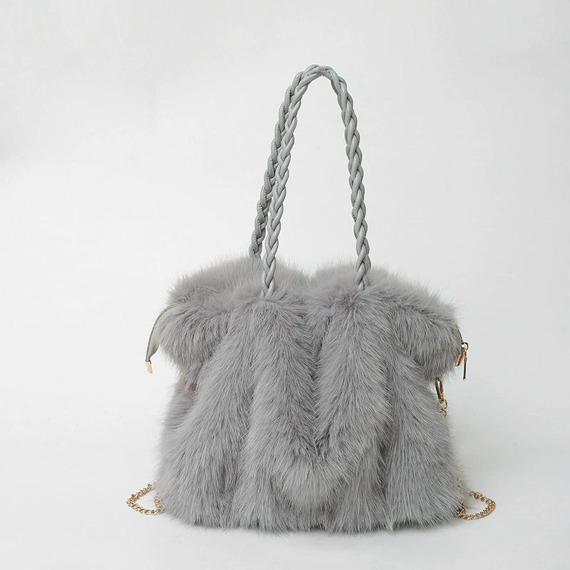 Women's Faux Fur Shoulder Bag, Large Capacity Fluffy Tote Bag with Braided Strap, Winter Warm Elegant Commuter Handbag